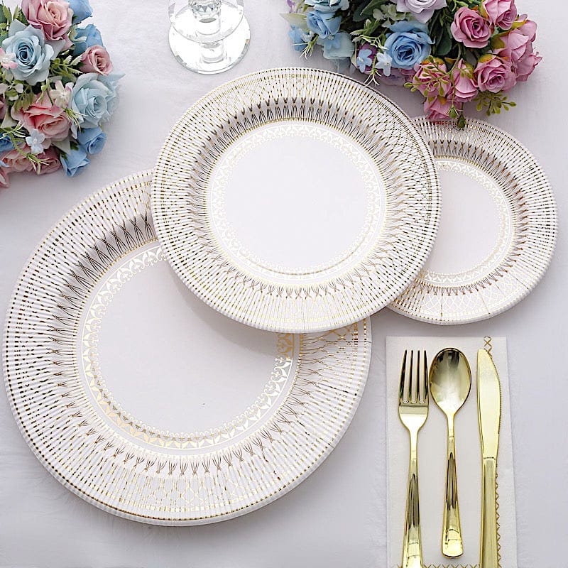 25 White with Gold Porcelain Design Round Paper Plates - Disposable Tableware
