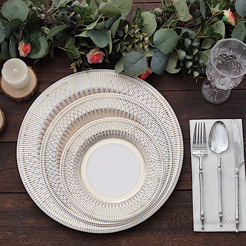 25 White with Gold Porcelain Design Round Paper Plates - Disposable Tableware