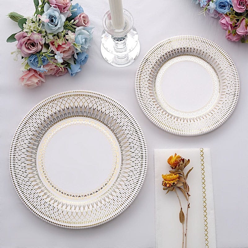 25 White with Gold Porcelain Design Round Paper Plates - Disposable Tableware