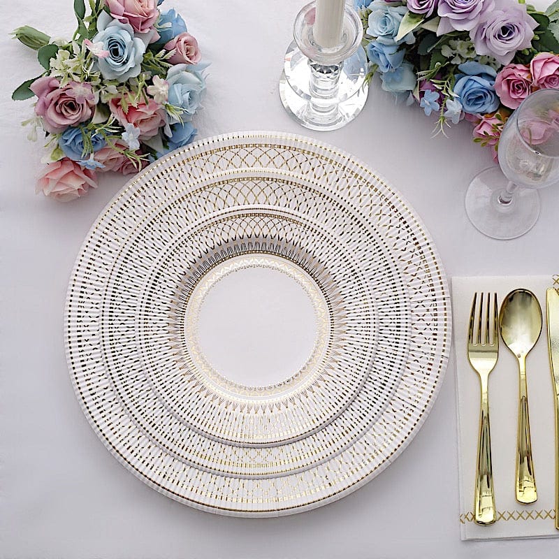 25 White with Gold Porcelain Design Round Paper Plates - Disposable Tableware