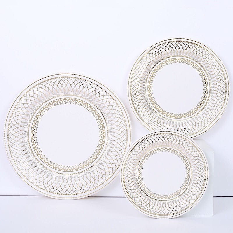 25 White with Gold Porcelain Design Round Paper Plates - Disposable Tableware