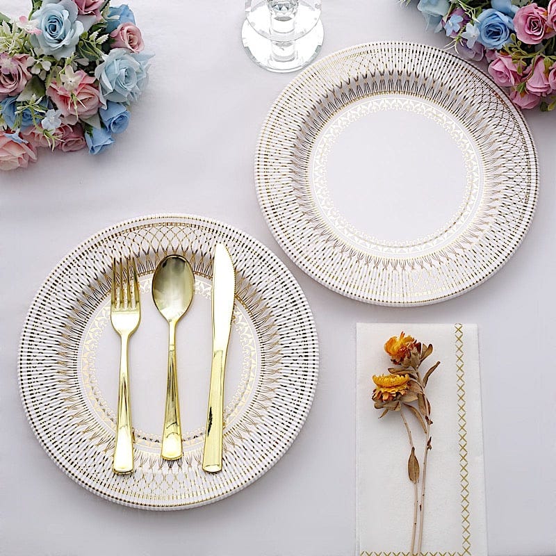 25 White with Gold Porcelain Design Round Paper Plates - Disposable Tableware