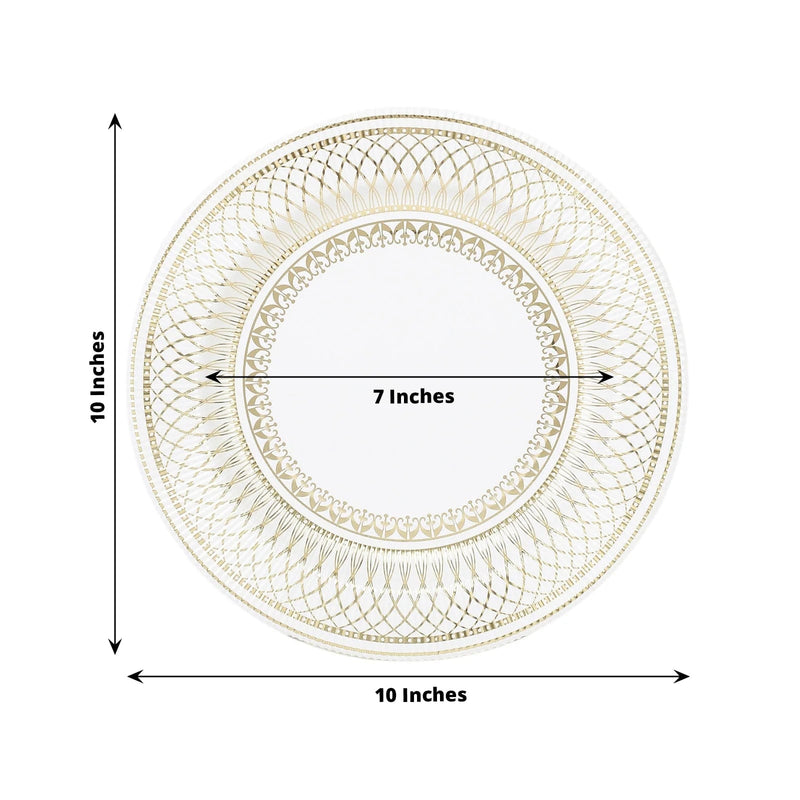 25 White with Gold Porcelain Design Round Paper Plates - Disposable Tableware