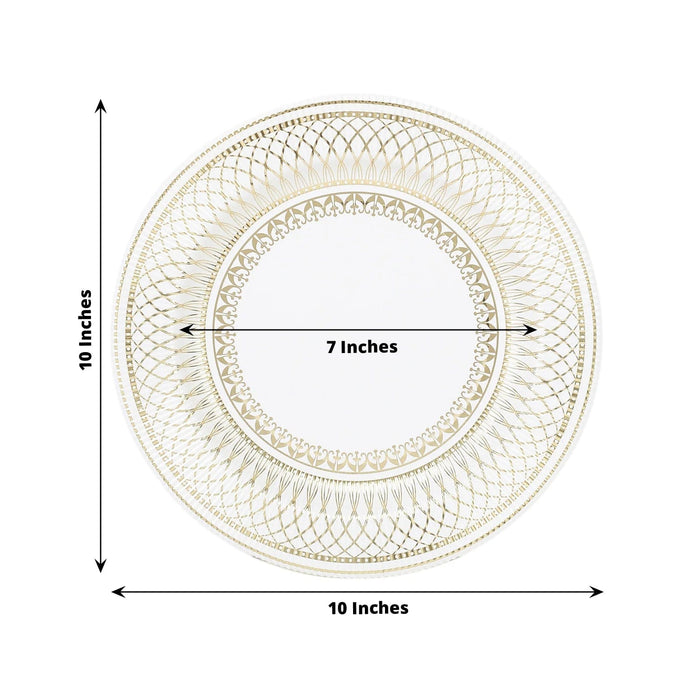 25 White with Gold Porcelain Design Round Paper Plates - Disposable Tableware
