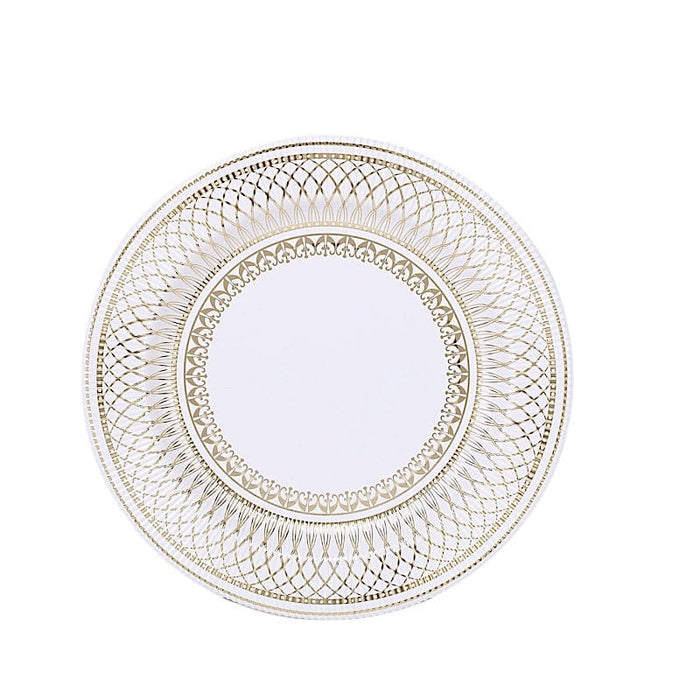 25 White with Gold Porcelain Design Round Paper Plates - Disposable Tableware DSP_PPR0021_10_WHTGD
