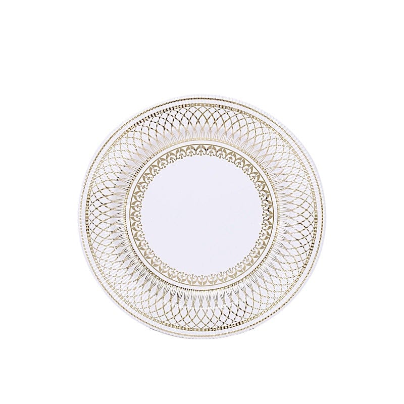 25 White with Gold Porcelain Design Round Paper Plates - Disposable Tableware DSP_PPR0021_8_WHTGD