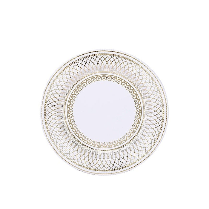 25 White with Gold Porcelain Design Round Paper Plates - Disposable Tableware DSP_PPR0021_8_WHTGD