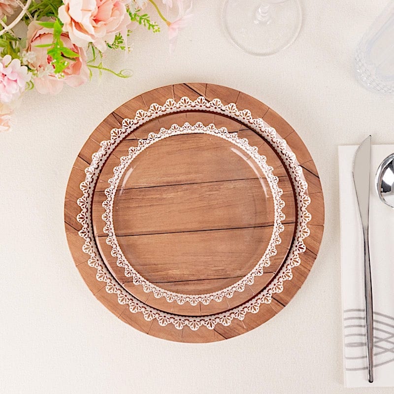 25 Wood Grain Print Paper Dessert Plates with Floral Lace Rim - White Brown