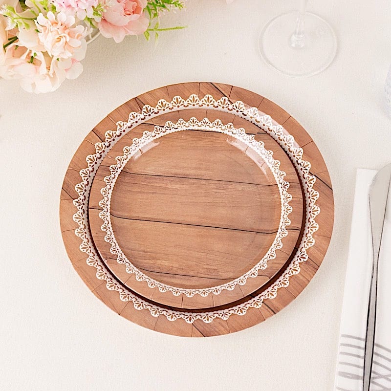 25 Wood Grain Print Paper Dessert Plates with Floral Lace Rim - White Brown