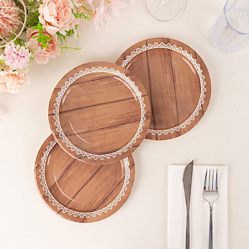 25 Wood Grain Print Paper Dessert Plates with Floral Lace Rim - White Brown