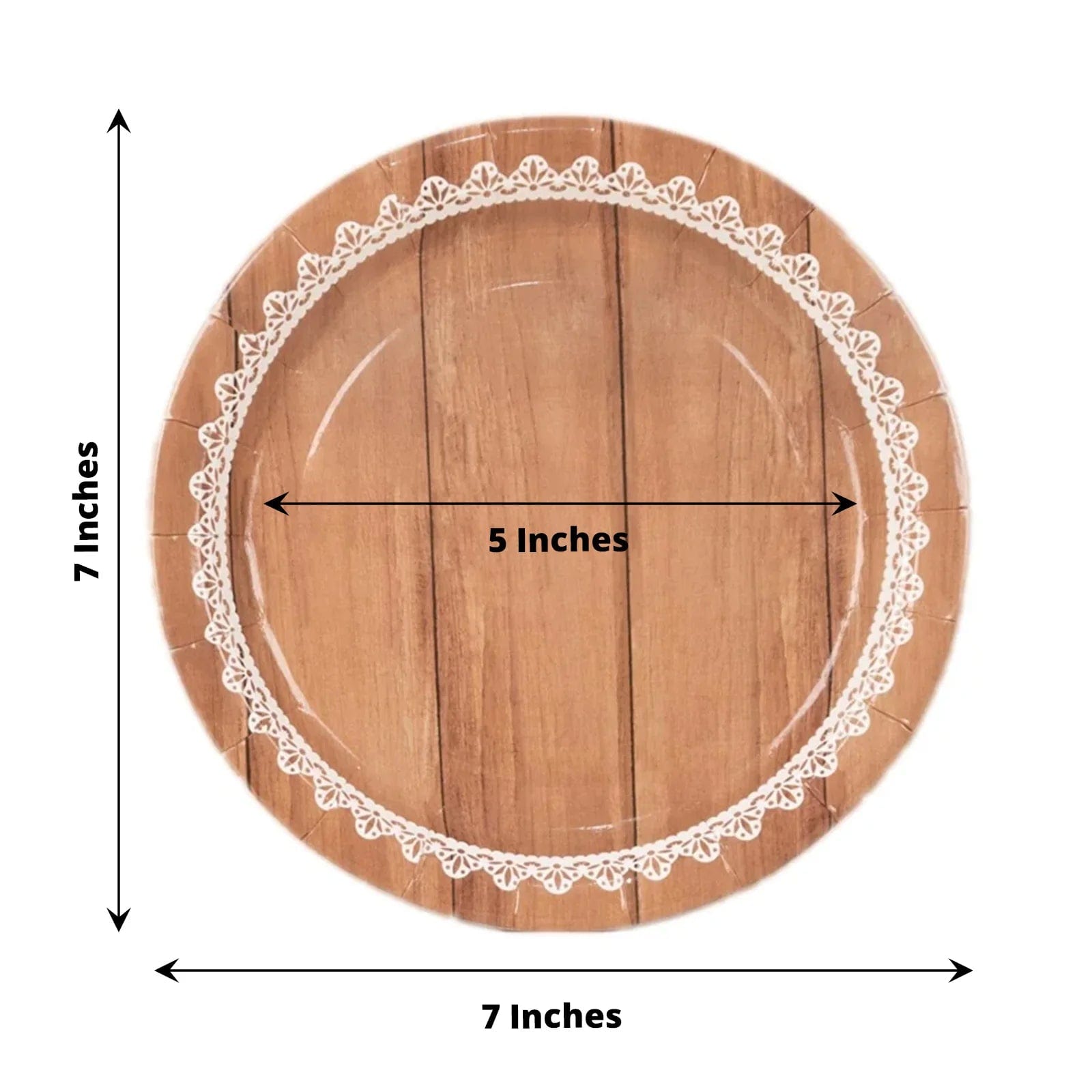 25 Wood Grain Print Paper Dessert Plates with Floral Lace Rim - White Brown