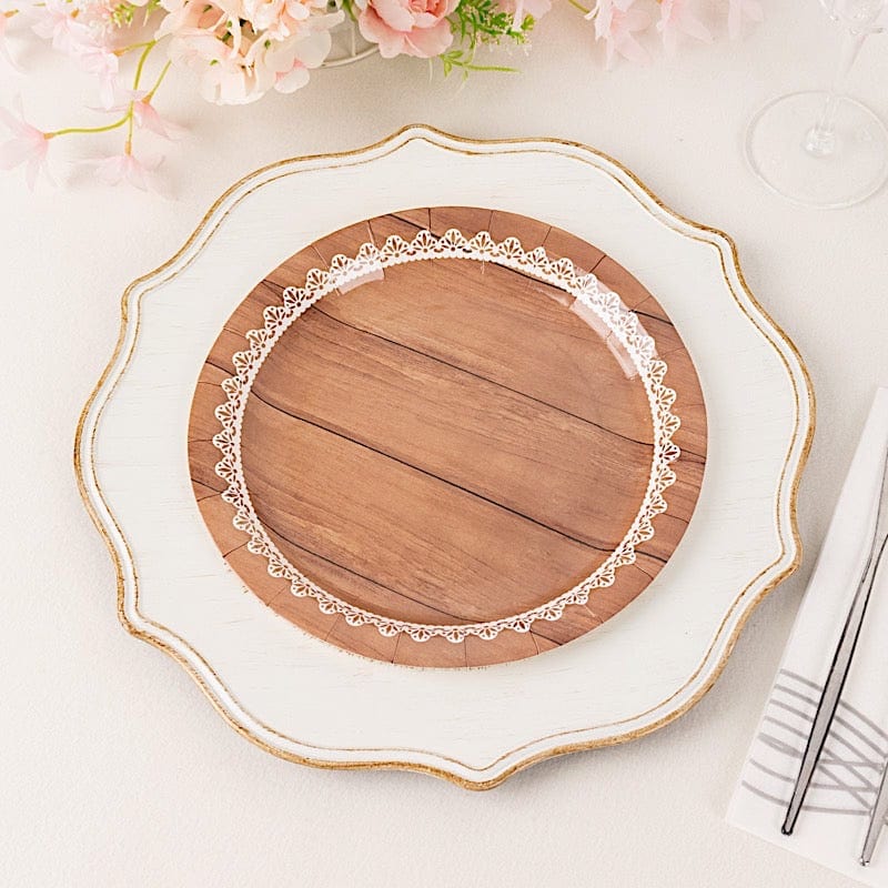 25 Wood Grain Print Paper Dessert Plates with Floral Lace Rim - White Brown