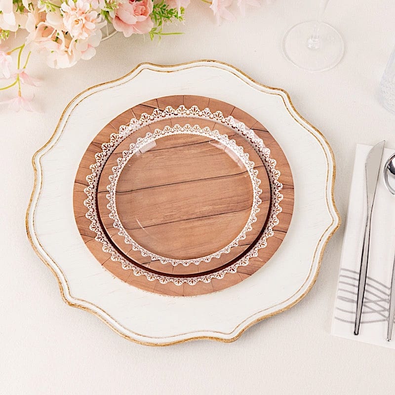 25 Wood Grain Print Paper Dessert Plates with Floral Lace Rim - White Brown