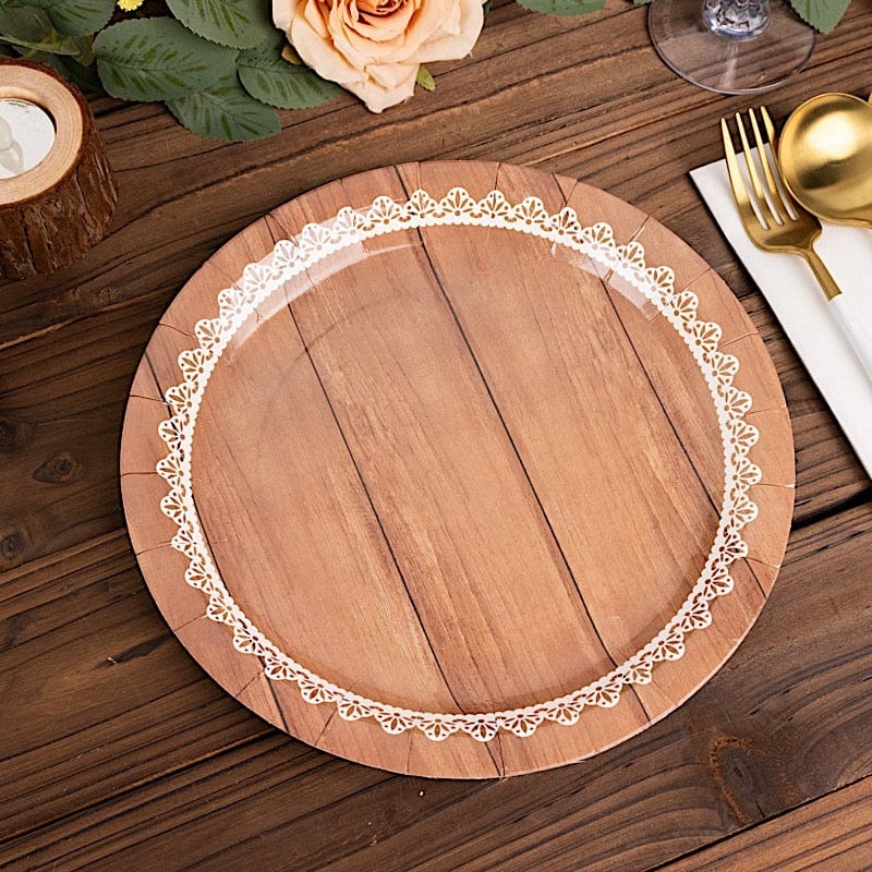 25 Wood Grain Print Paper Dessert Plates with Floral Lace Rim - White Brown