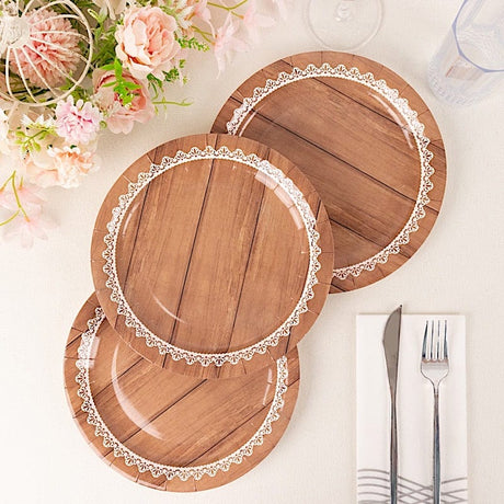 25 Wood Grain Print Paper Dessert Plates with Floral Lace Rim - White Brown