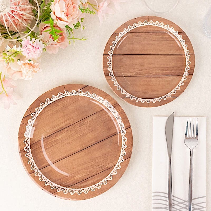 25 Wood Grain Print Paper Dessert Plates with Floral Lace Rim - White Brown