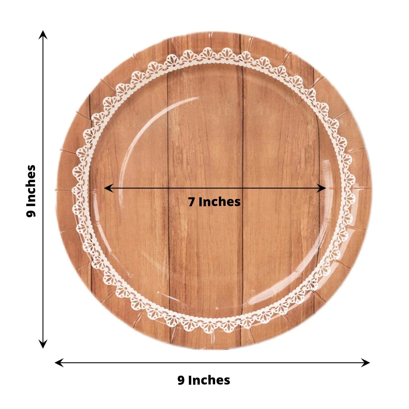 25 Wood Grain Print Paper Dessert Plates with Floral Lace Rim - White Brown