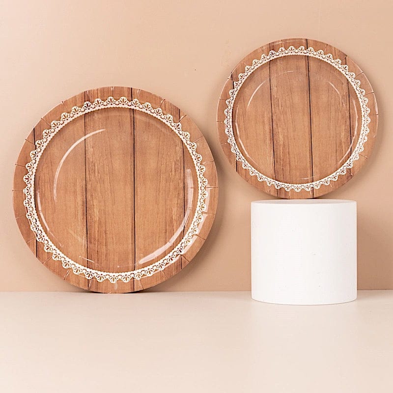 25 Wood Grain Print Paper Dessert Plates with Floral Lace Rim - White Brown