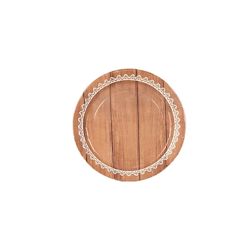 25 Wood Grain Print Paper Dessert Plates with Floral Lace Rim - White Brown DSP_PPR0026_7_WHTBN