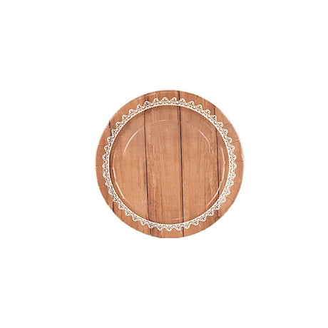 25 Wood Grain Print Paper Dessert Plates with Floral Lace Rim - White Brown DSP_PPR0026_7_WHTBN