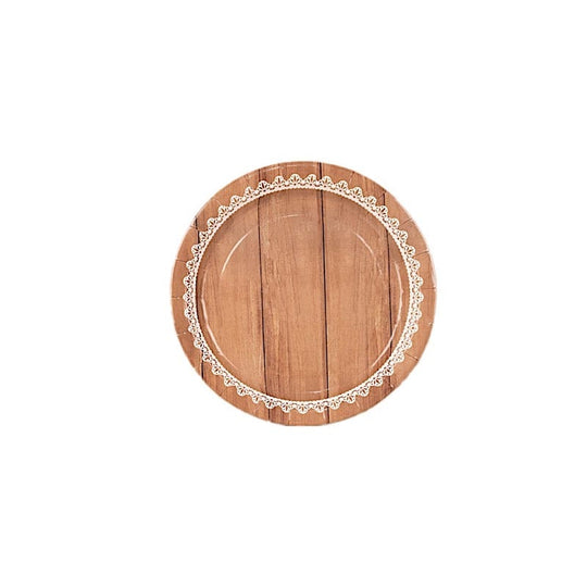 25 Wood Grain Print Paper Dessert Plates with Floral Lace Rim - White Brown DSP_PPR0026_7_WHTBN