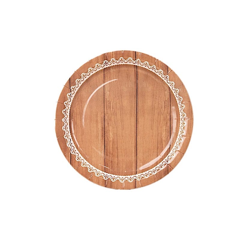 25 Wood Grain Print Paper Dessert Plates with Floral Lace Rim - White Brown DSP_PPR0026_9_WHTBN