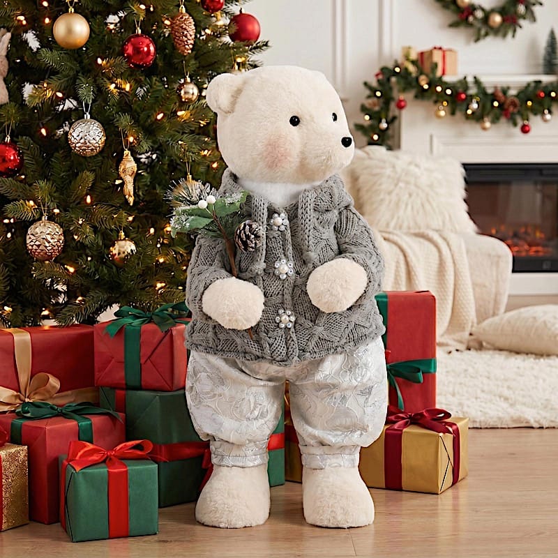 28" Boy Plush Teddy Bear Christmas Figurine with Knit Jackets