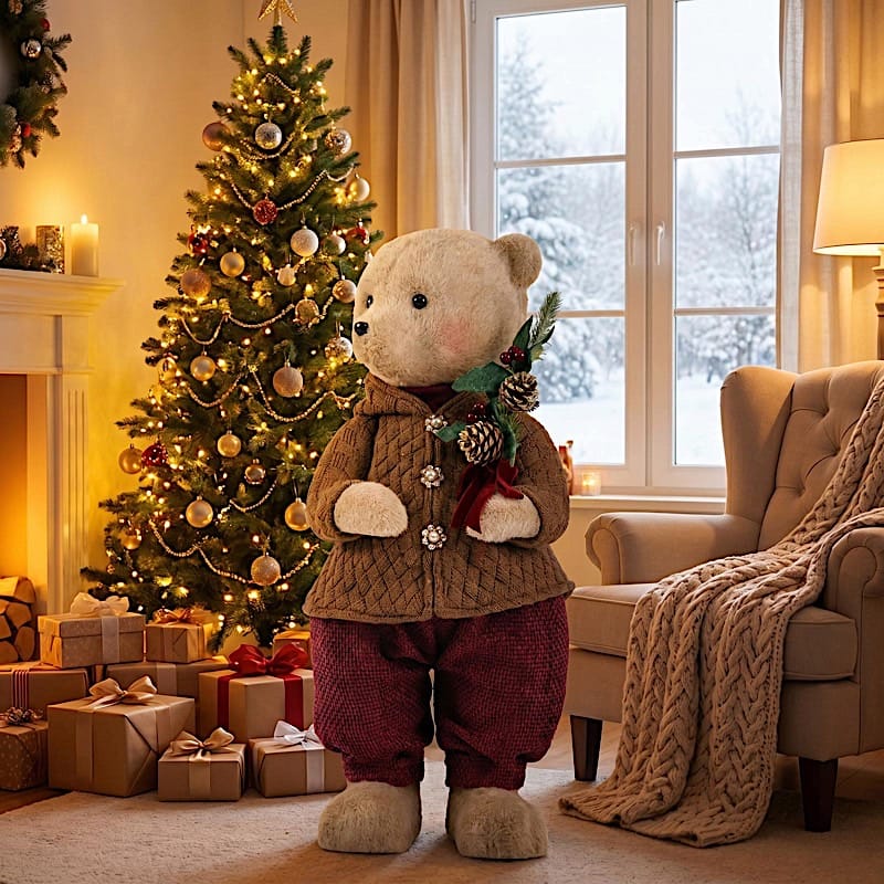 28" Boy Plush Teddy Bear Christmas Figurine with Knit Jackets