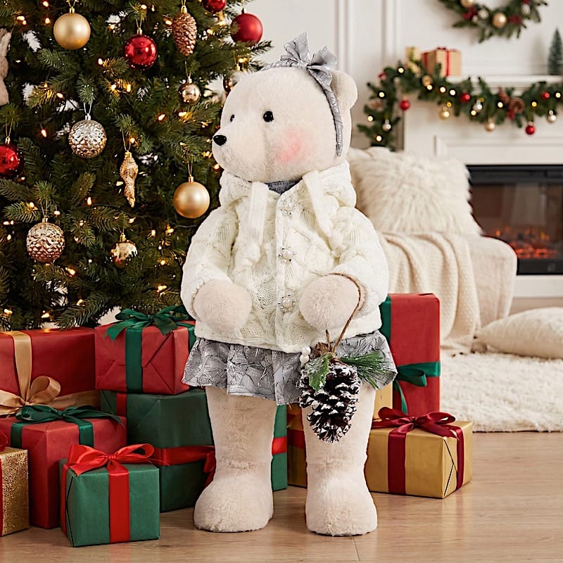 28" Girl Plush Teddy Bear Christmas Figurine with Knit Jackets