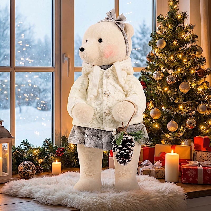 28" Girl Plush Teddy Bear Christmas Figurine with Knit Jackets