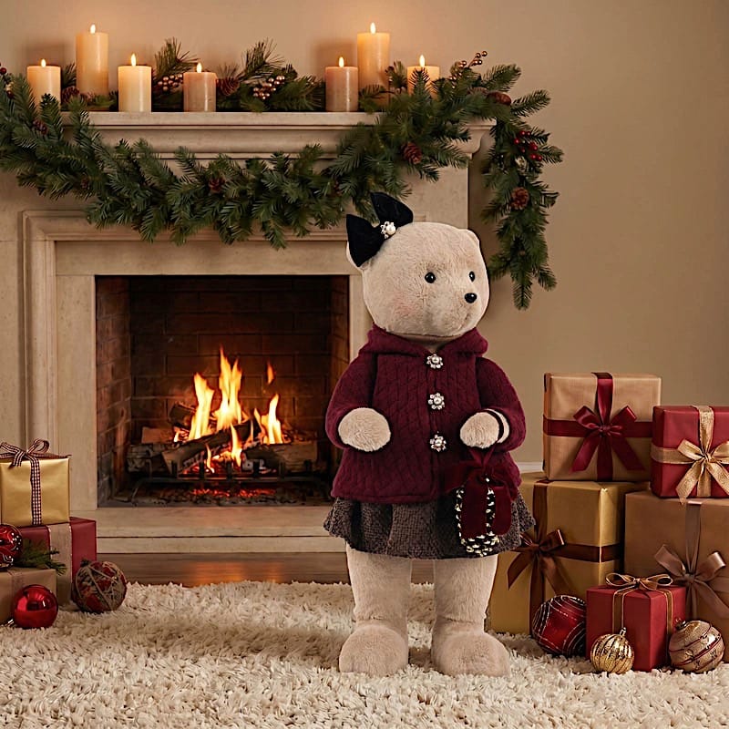 28" Girl Plush Teddy Bear Christmas Figurine with Knit Jackets