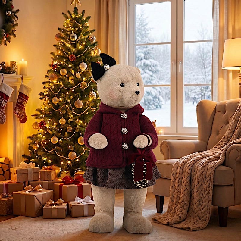28" Girl Plush Teddy Bear Christmas Figurine with Knit Jackets
