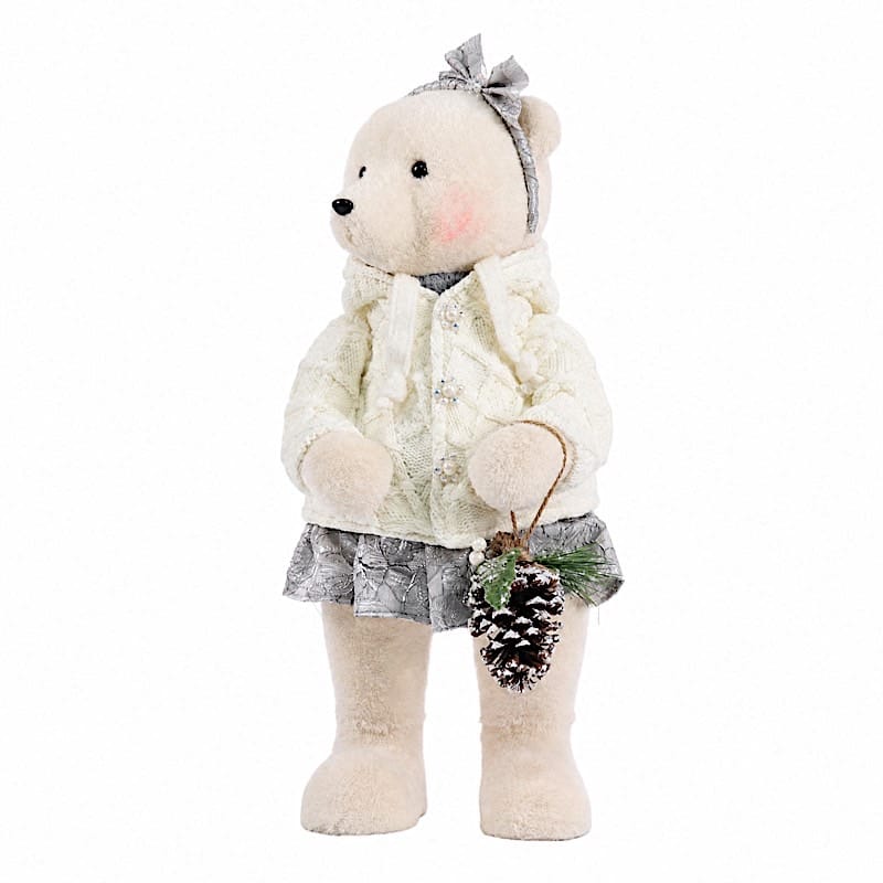 28" Girl Plush Teddy Bear Christmas Figurine with Knit Jackets DECO_XMAS_BEAR03_F_28_WHTSILV