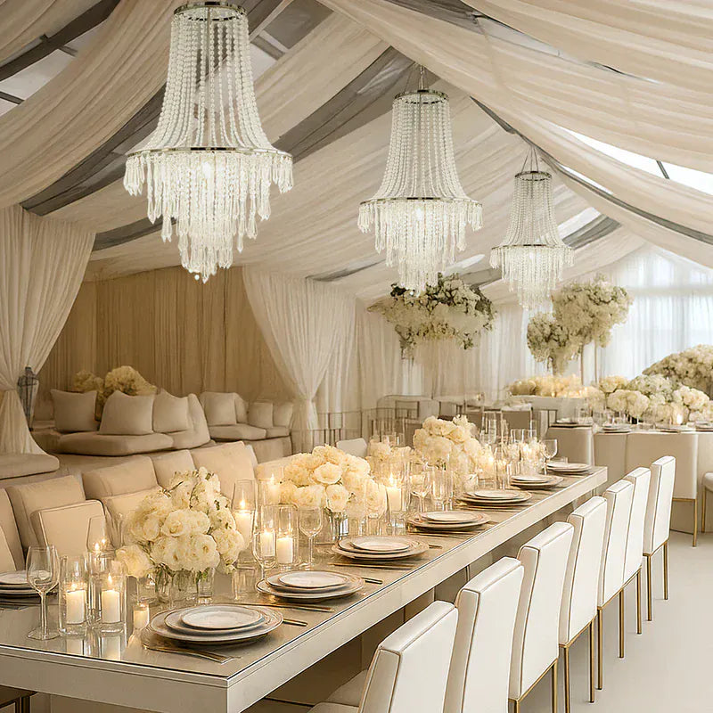 2ft Fountain Style Crystal Beaded Chandelier with Metal Frame - Clear and Silver CHDLR_HANG05_2FT_SILV