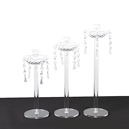 3 Acrylic Taper Candle Holders with Hanging Beads and Prisms - Clear CHDLR_CAND_043_SET3_CLR