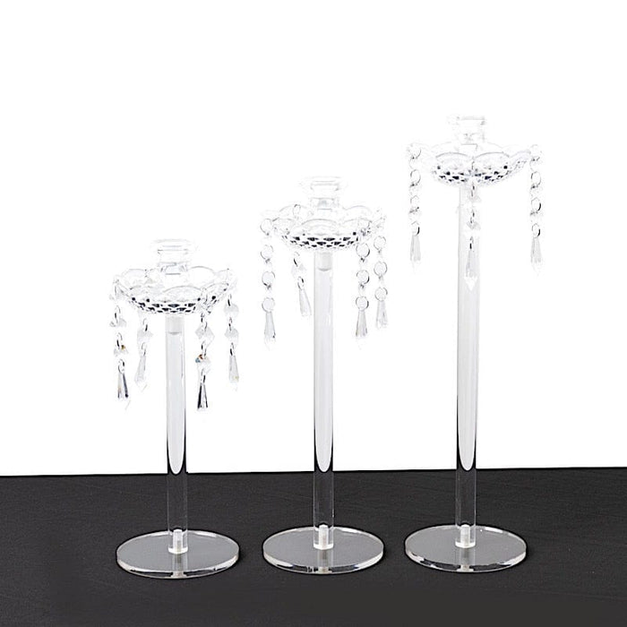 3 Acrylic Taper Candle Holders with Hanging Beads and Prisms - Clear CHDLR_CAND_043_SET3_CLR