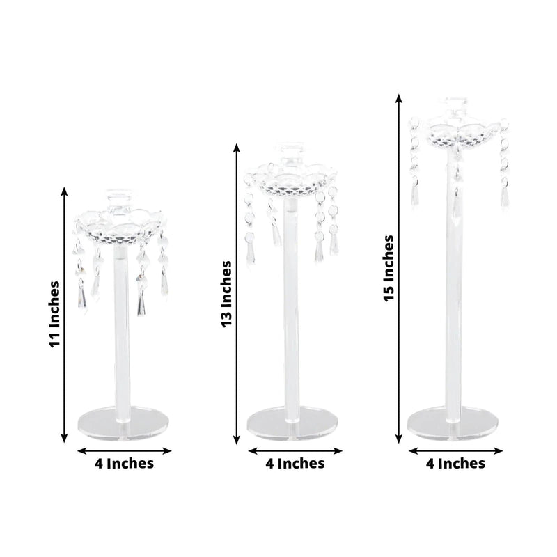 3 Acrylic Taper Candle Holders with Hanging Beads and Prisms - Clear CHDLR_CAND_043_SET3_CLR