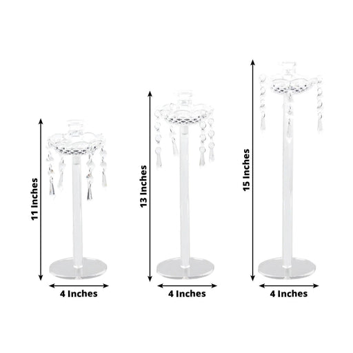 3 Acrylic Taper Candle Holders with Hanging Beads and Prisms - Clear CHDLR_CAND_043_SET3_CLR