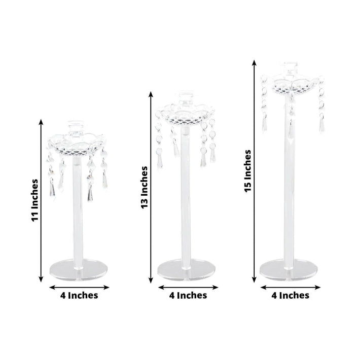3 Acrylic Taper Candle Holders with Hanging Beads and Prisms - Clear CHDLR_CAND_043_SET3_CLR