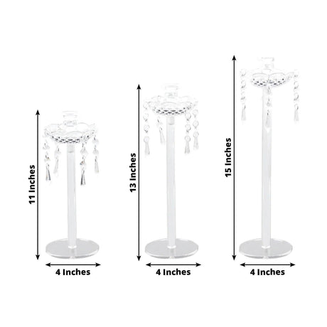3 Acrylic Taper Candle Holders with Hanging Beads and Prisms - Clear CHDLR_CAND_043_SET3_CLR