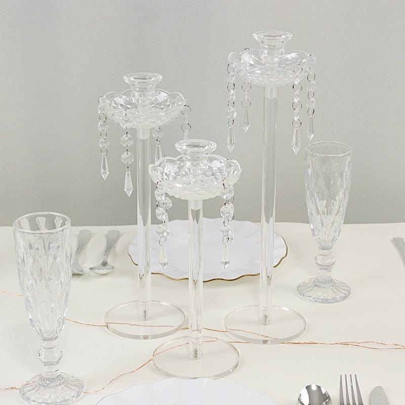 3 Acrylic Taper Candle Holders with Hanging Beads and Prisms - Clear CHDLR_CAND_043_SET3_CLR