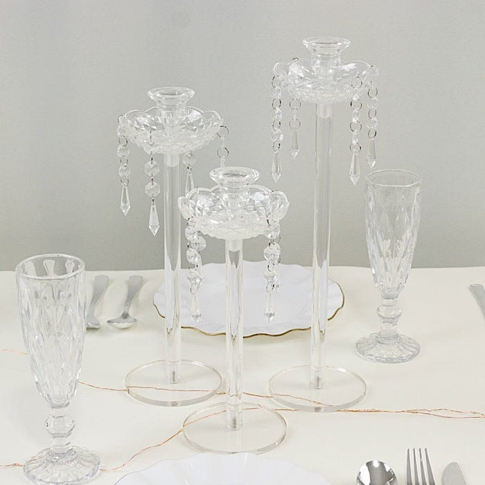 3 Acrylic Taper Candle Holders with Hanging Beads and Prisms - Clear CHDLR_CAND_043_SET3_CLR