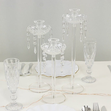 3 Acrylic Taper Candle Holders with Hanging Beads and Prisms - Clear CHDLR_CAND_043_SET3_CLR