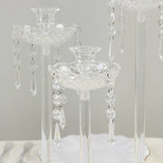 3 Acrylic Taper Candle Holders with Hanging Beads and Prisms - Clear CHDLR_CAND_043_SET3_CLR