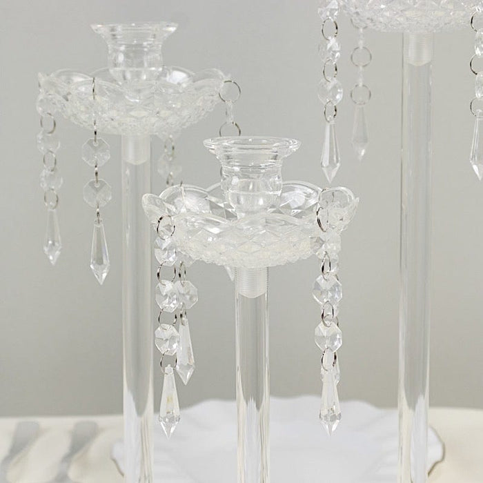 3 Acrylic Taper Candle Holders with Hanging Beads and Prisms - Clear CHDLR_CAND_043_SET3_CLR