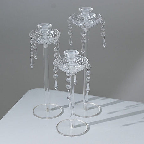3 Acrylic Taper Candle Holders with Hanging Beads and Prisms - Clear CHDLR_CAND_043_SET3_CLR