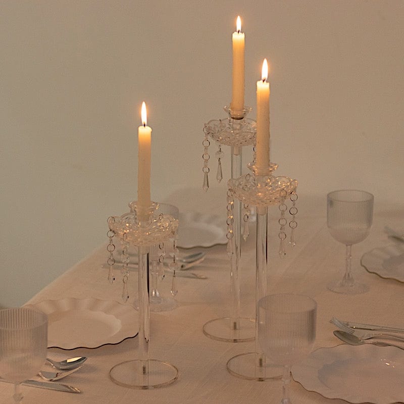 3 Acrylic Taper Candle Holders with Hanging Beads and Prisms - Clear CHDLR_CAND_043_SET3_CLR