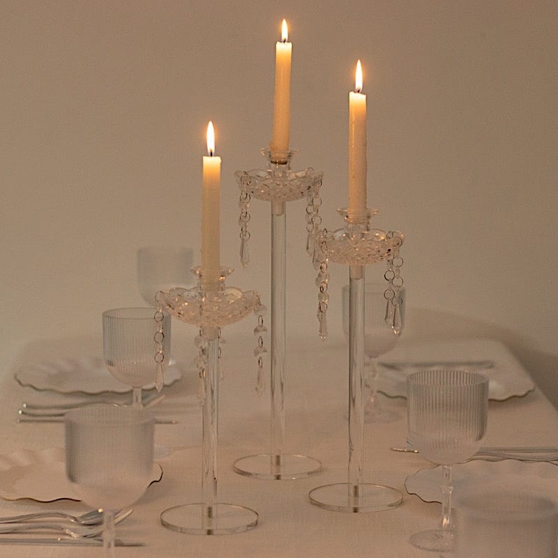 3 Acrylic Taper Candle Holders with Hanging Beads and Prisms - Clear CHDLR_CAND_043_SET3_CLR