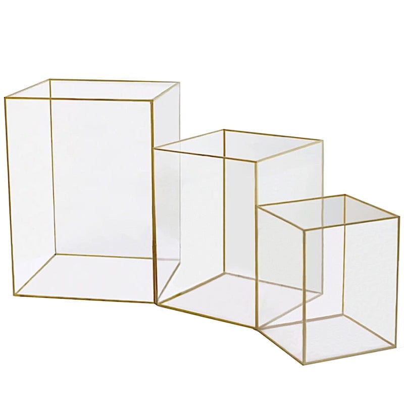 3 Acrylic with Metal Frame Pillar Candle Holders - Clear and Gold PLST_VASE_REC01_SET_GOLD