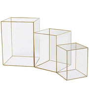 3 Acrylic with Metal Frame Pillar Candle Holders - Clear and Gold PLST_VASE_REC01_SET_GOLD